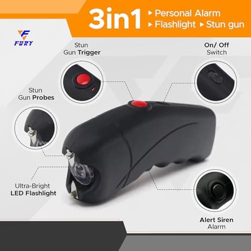FURY Cyclone Stun Gun with Flashlight & Alarm – Rechargeable, Comfort Grip, Synthetic Leather Case