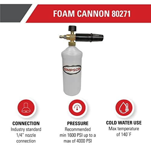 Simpson Cleaning 80271 Pressure Washer Foam Cannon - Quick Connect - White
| Simpson Cleaning 80271 Pressure Washer Foam Cannon - 1 Liter Capacity - White
| Simpson Cleaning 80271 Pressure Washer Foam Cannon - Ideal for Professional Use - White