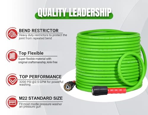 YAMATIC Kink Resistant 50FT 3200 PSI Pressure Washer Hose, Leak-Free Quick Connect Adapters, Green