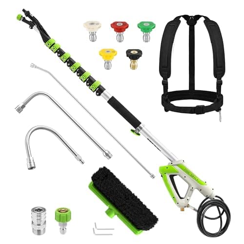 Tool Daily 21FT Telescoping Pressure Washer Wand with Brush & 3 Curved Rods, 5 Nozzles, 4000 PSI