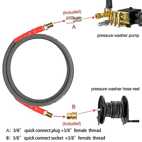 Pressure Washer Whip Hose 5FT, 38mm Reel Connector, 248F Hot Water Adapter Set, 4800 PSI Steel-Braided