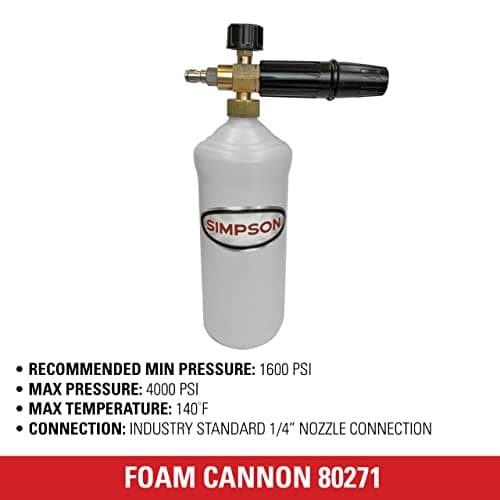 Simpson Cleaning 80271 Pressure Washer Foam Cannon - Quick Connect - White
| Simpson Cleaning 80271 Pressure Washer Foam Cannon - 1 Liter Capacity - White
| Simpson Cleaning 80271 Pressure Washer Foam Cannon - Ideal for Professional Use - White