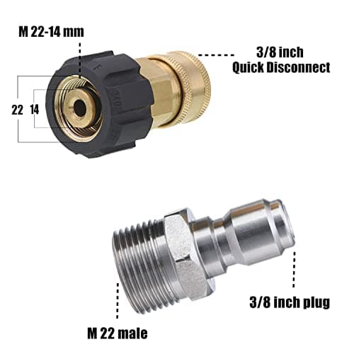 M22 14mm to M22 Pressure Washer Adapter, 5000 PSI, 3/8 Inch Quick Connect