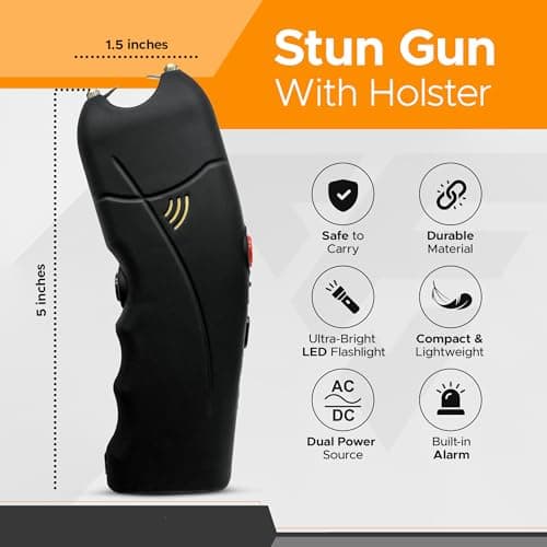 FURY Cyclone Stun Gun with Flashlight & Alarm – Rechargeable, Comfort Grip, Synthetic Leather Case