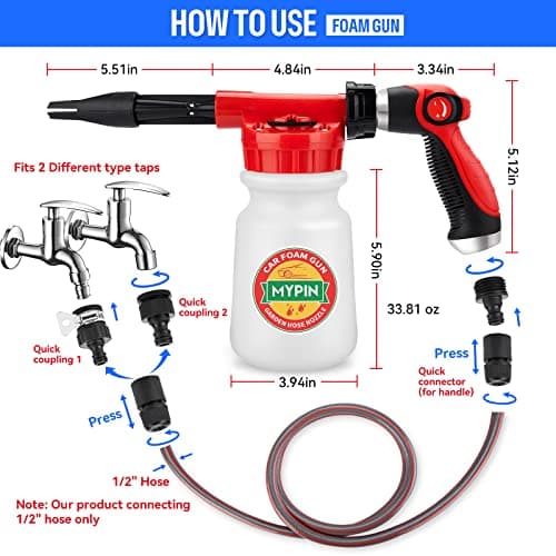 16-IN-1 Car Wash Foam Gun with Adjustable Dial, 1L Bottle, Quick Connector for Garden Hose