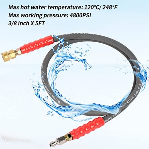 Pressure Washer Whip Hose 5FT, 38mm Reel Connector, 248F Hot Water Adapter Set, 4800 PSI Steel-Braided