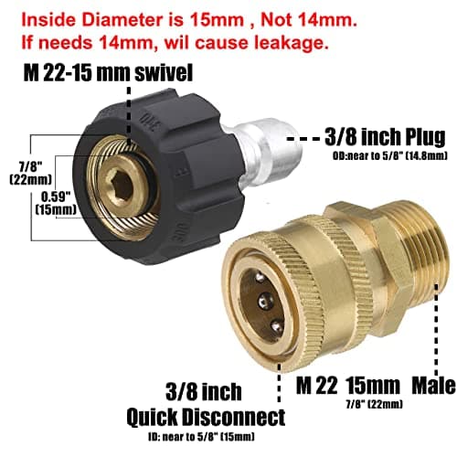 Pressure Washer Adapter Set for Daily Use, Quick Connect Kit, Metric M22 15mm Female to M22 Male Fitting, 5000 PSI