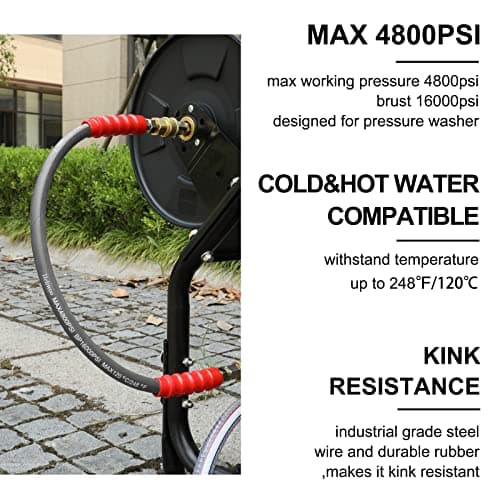 Pressure Washer Whip Hose 5FT, 38mm Reel Connector, 248F Hot Water Adapter Set, 4800 PSI Steel-Braided