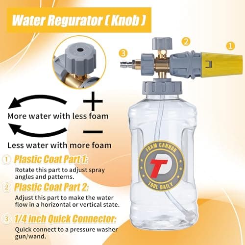 High Pressure Foam Cannon for Pressure Washer with Dual Connectors and Adjustable Soap Function
| Adjustable Soap Cannon Accessory for Pressure Washers with M22-14 and 1/4” Quick Connect Fittings
| Foam Cannon with 1.1mm Orifice Nozzle for Pressure
