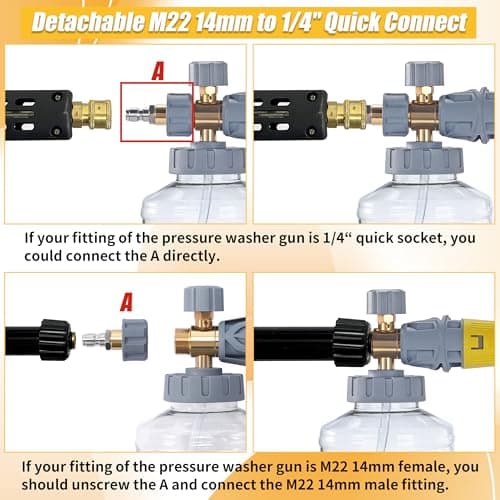 High Pressure Foam Cannon for Pressure Washer with Dual Connectors and Adjustable Soap Function
| Adjustable Soap Cannon Accessory for Pressure Washers with M22-14 and 1/4” Quick Connect Fittings
| Foam Cannon with 1.1mm Orifice Nozzle for Pressure