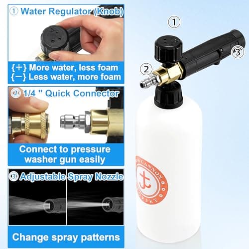 JOEJET Foam Cannon Pressure Washer Gun, 1/4" Quick Connect, 5 Nozzle Tips, 1 Liter