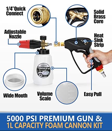 TOOLCY Pressure Washer Kit for Professional Cleaning, Powerful 5000 PSI, 5 Nozzle Tips Included, Quick Connect, Industrial Strength
| TOOLCY Foam Cannon with Pressure Washer Gun, 5000 PSI, 1L Chemical Bottle, Quick Release Nozzle, Ideal for Heavy Du