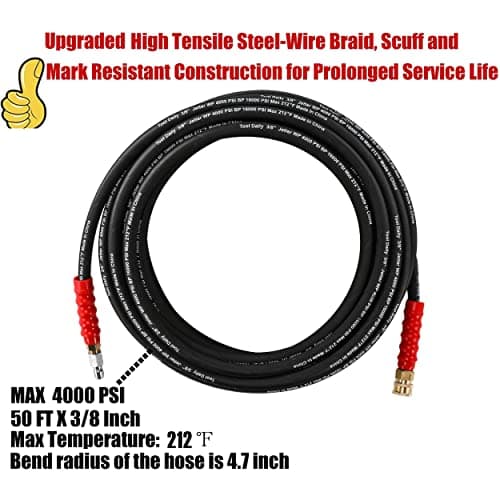 Pressure Washer Hose, 3/8 x 50' - Quick Connect, 4000 PSI, High Tensile Braided
