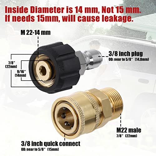 Pressure Washer Adapter Set for Quick Connect, M22 14mm to M22 Metric Fitting, 5000 PSI - 4 Pieces