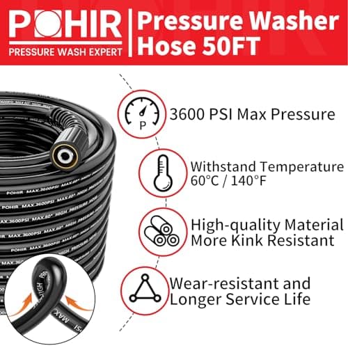POHIR 3600 PSI Pressure Washer Gun with 50FT Hose Kit & 15in Wand Parts 7 Nozzles Quick Connect Set