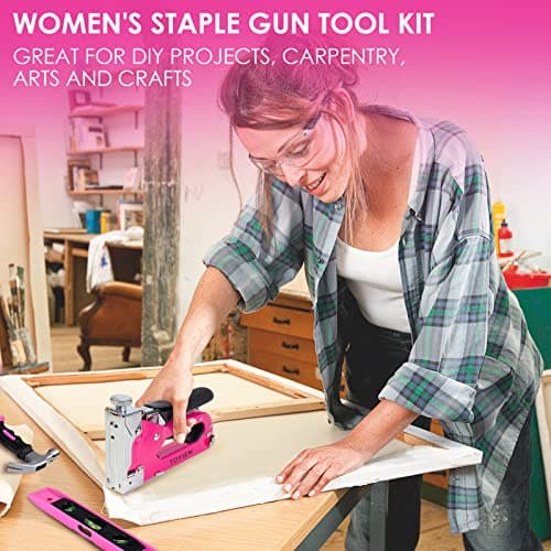 33Pcs Pink Upholstery Staple Gun, 3 in 1, Heavy Duty for DIY & Crafts