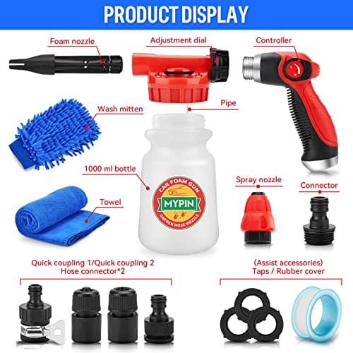 16-IN-1 Car Wash Foam Gun with Adjustable Dial, 1L Bottle, Quick Connector for Garden Hose