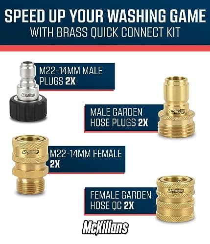 McKillans® Pressure Washer Quick Connect Kit M22-14mm to 3/8" Male Female Quick Disconnect Kit Brisk Usage for Professionals and DIYers In Yard and Garage Durable Brass Construction