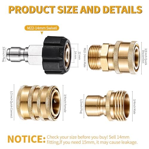 Selkie 8-Pack 14mm to 3/8" Quick Connect Fittings & 3/4" to 1/2" Adapter Set for Pressure Washers