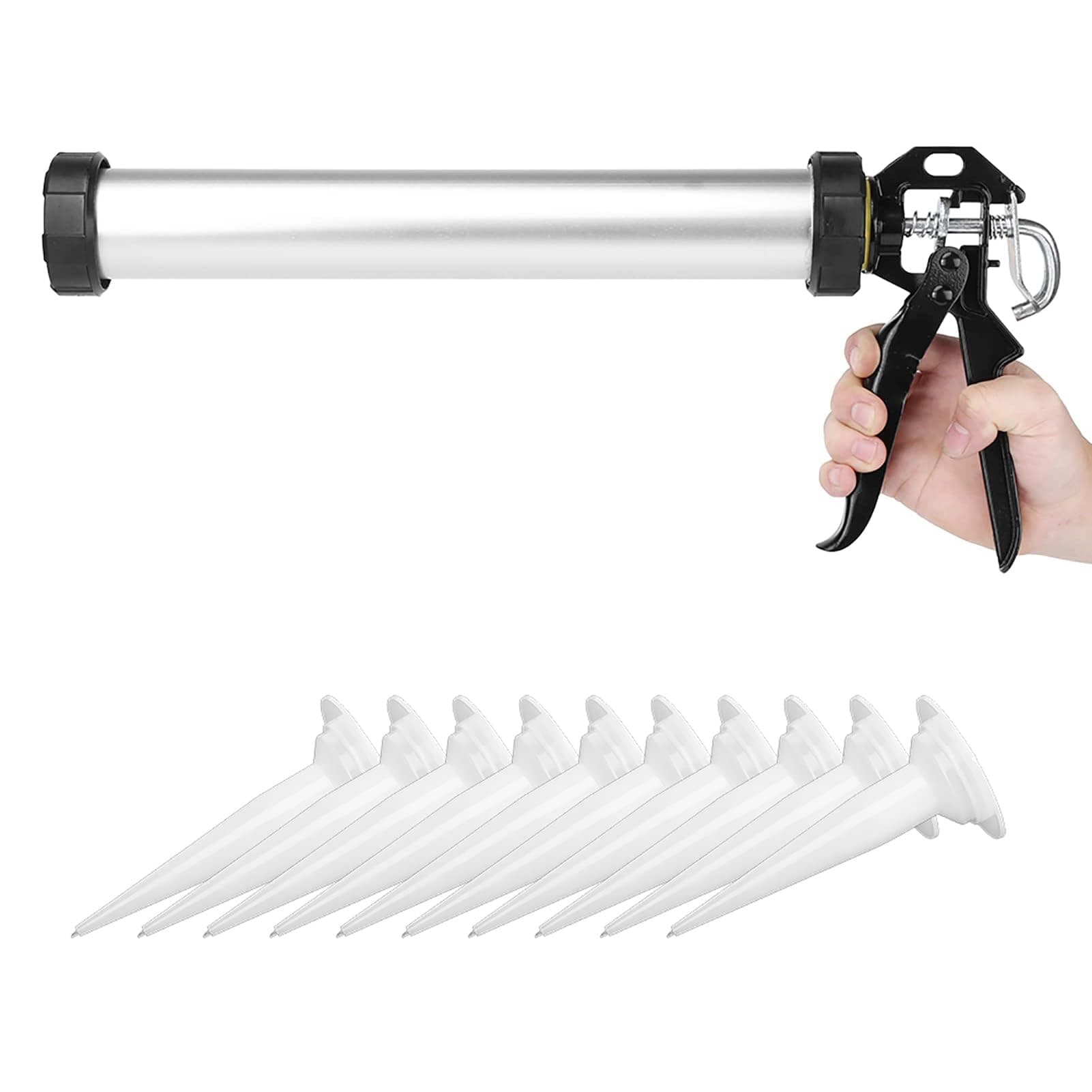 600ml Aluminum Cartridge Caulking Gun with 10 Nozzles for Sealing