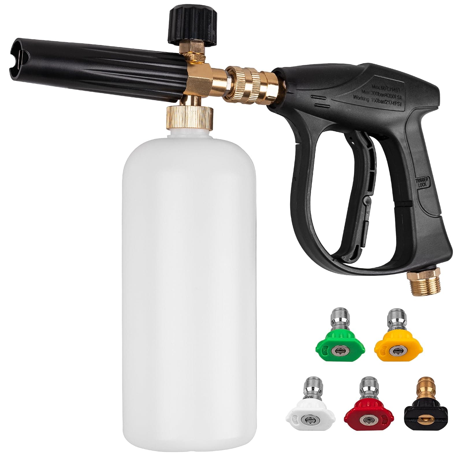 High-Pressure Washer Foam Cannon 1/4" Quick Connect, 5 Nozzle Tips, M22 Inlet Connector