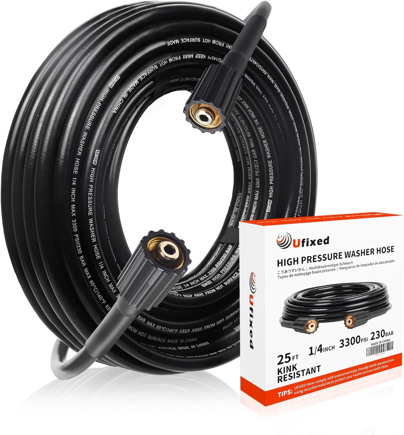 25FT 3300 PSI Pressure Washer Hose with Brass Fitting, Lightweight Non-Marking Replacement Hose