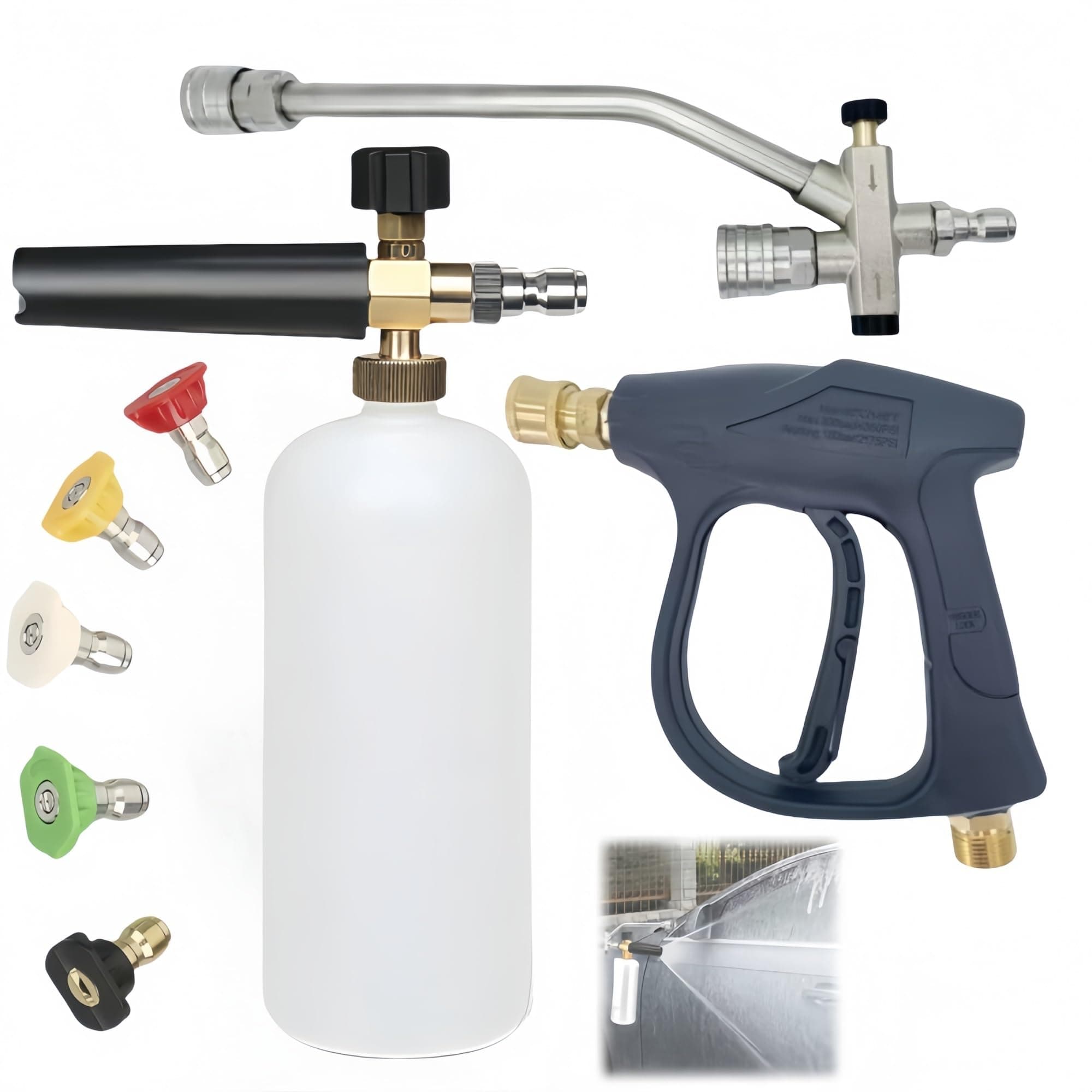 Dual Purpose Switch Spray Gun, Foam Cannon for Pressure Washer, Car Wash Kit Foam Gun
| Pressure Washer Sprayer with Dual Connector Accessory, 5 Power Washer Nozzles
| Dual Purpose Switch Spray Gun, 5 Power Washer Sprayer Nozzles for Car Wash Kit