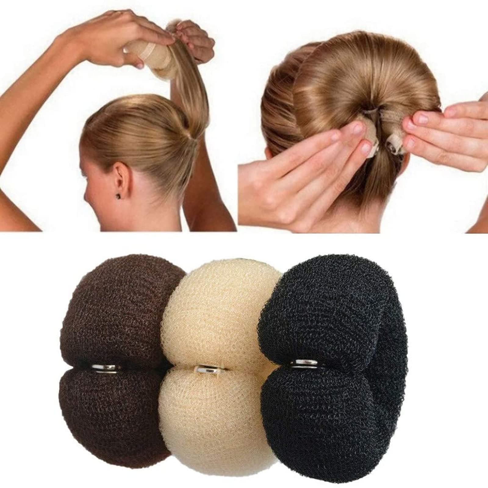 3 Pcs Hair Styling Tools: Foam Ring Shaper, Donut Bun, Long Nylon Holder (3 Multicolor)