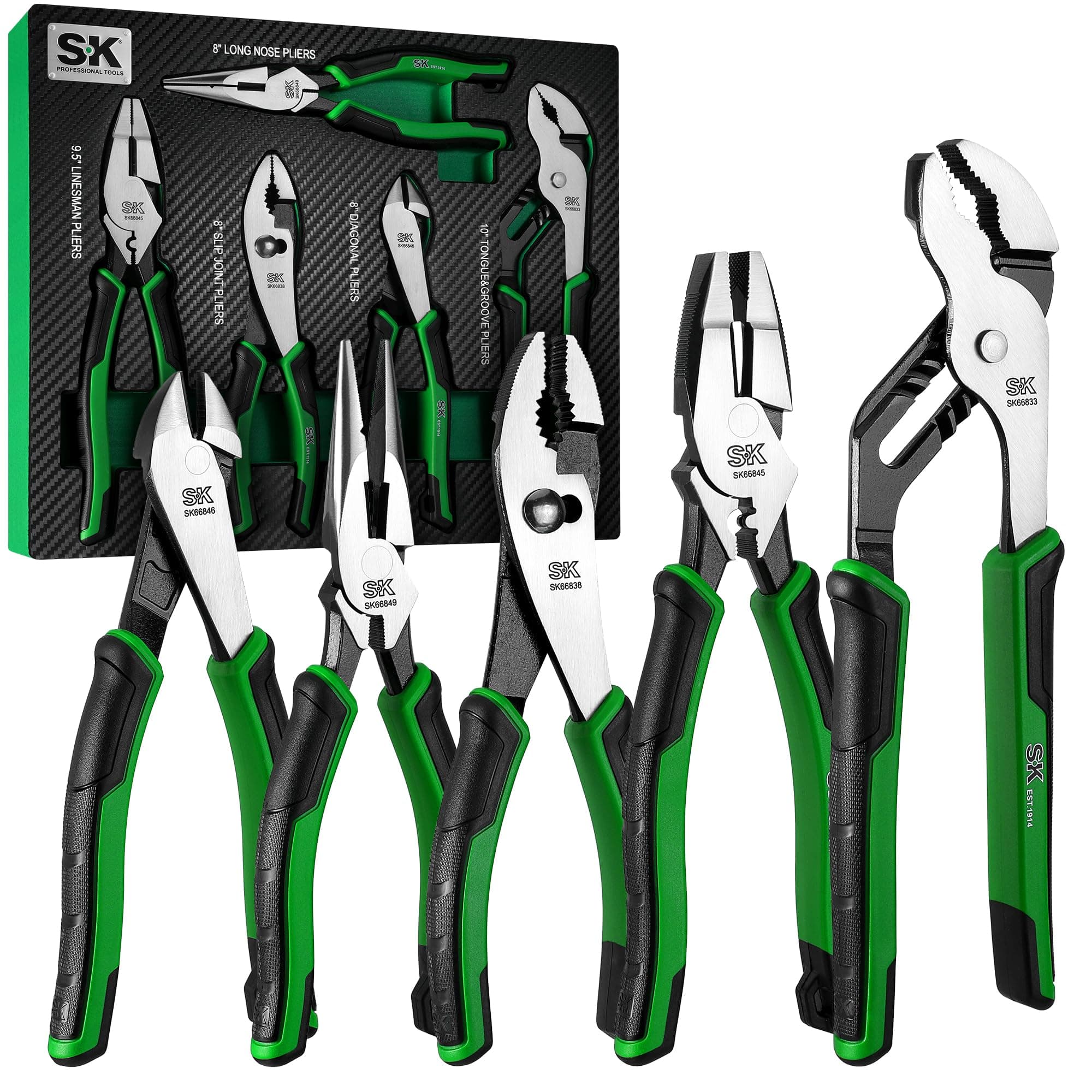SK Premium 5-Piece Pliers Set: 8" Long Nose, 9.5" Linesman, 8" Slip Joint, 8" Diagonal, 10" Groove Joint, EVA Foam Organ