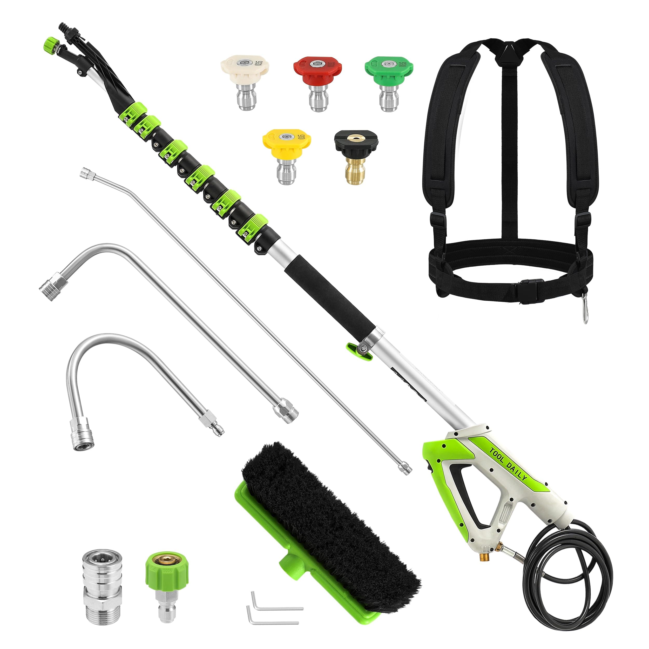 Tool Daily 21FT Telescoping Pressure Washer Wand with Brush & 3 Curved Rods, 5 Nozzles, 4000 PSI