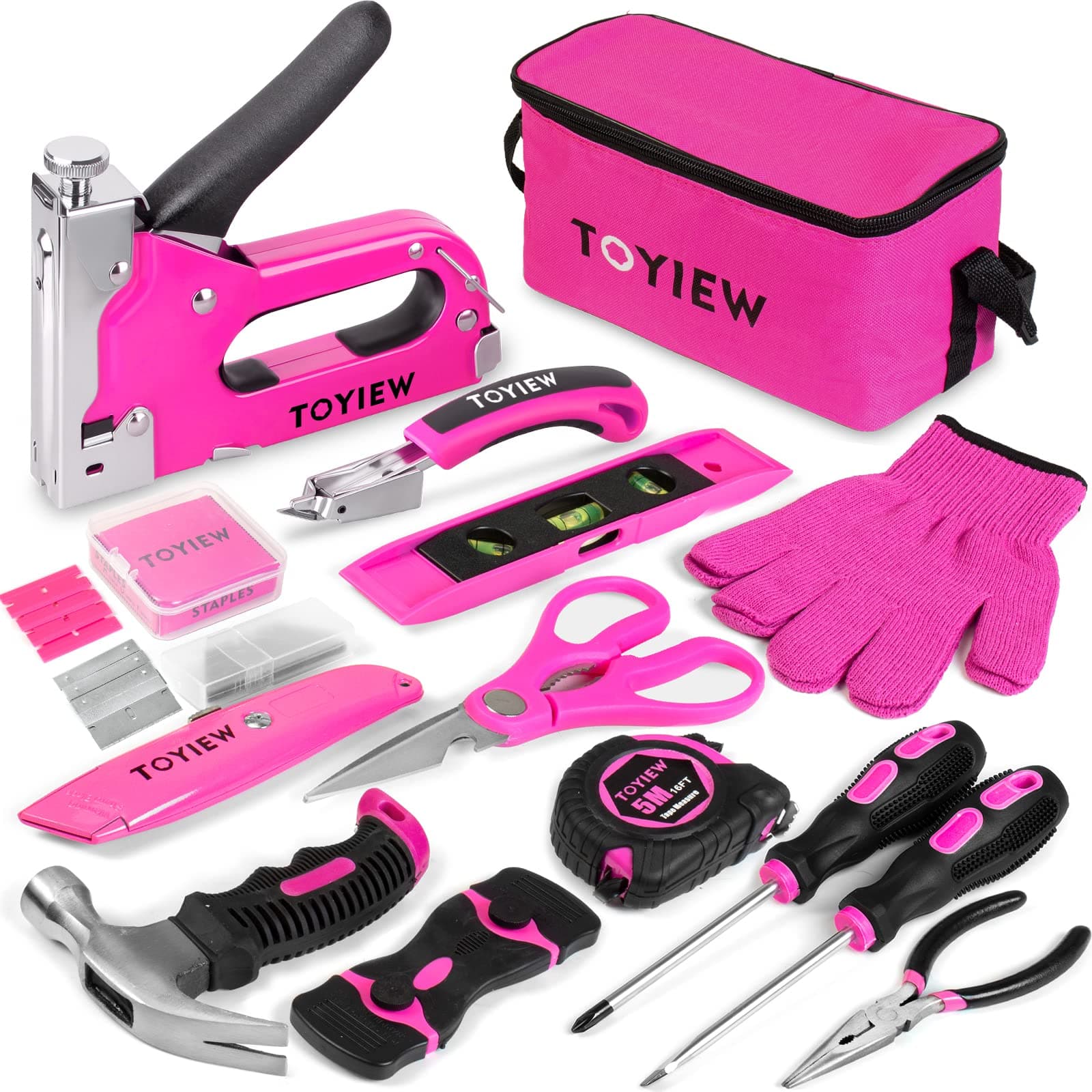 33Pcs Pink Upholstery Staple Gun, 3 in 1, Heavy Duty for DIY & Crafts