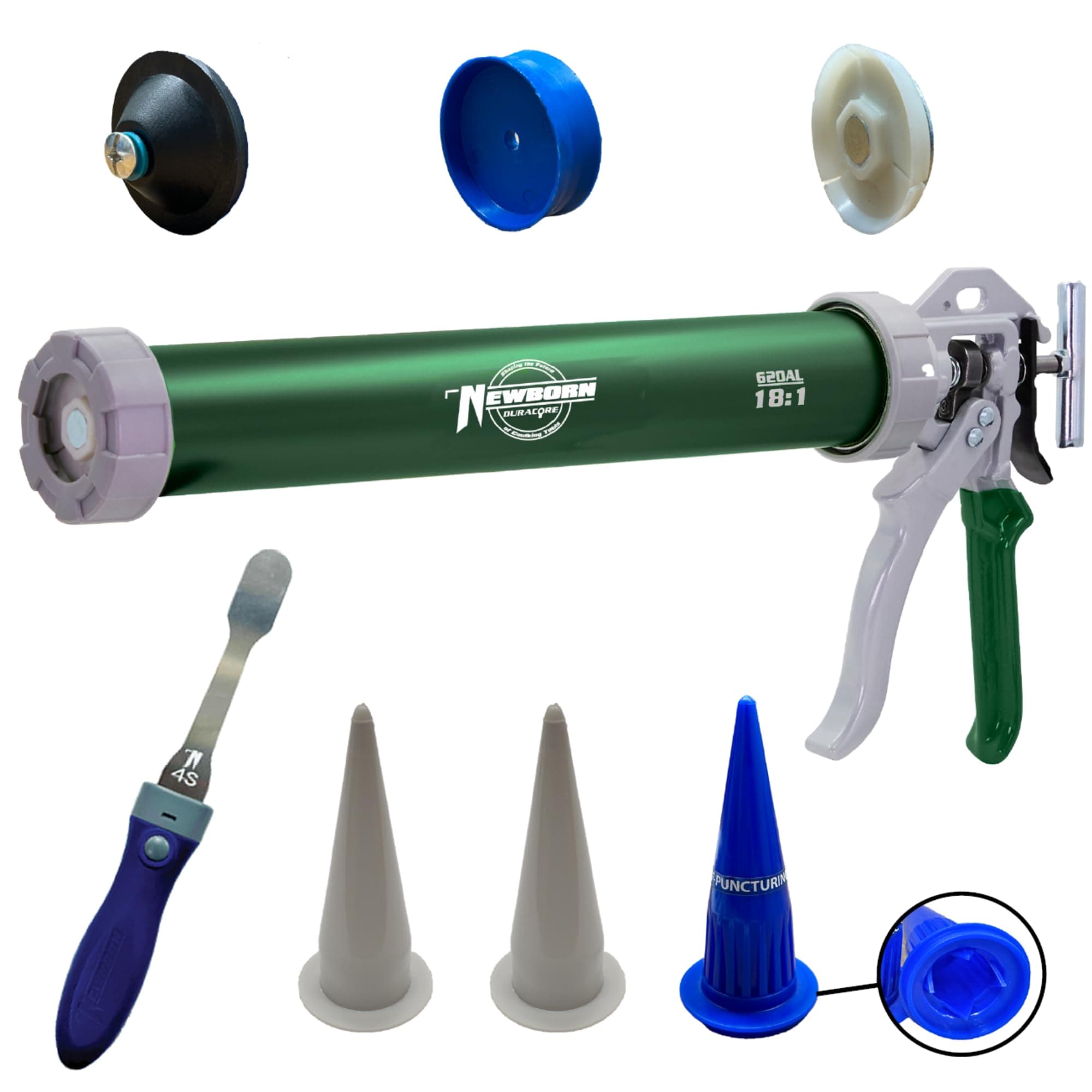 Newborn 620AL Green Aluminum Caulk Gun - 18:1 Thrust Ratio, 20 oz Capacity